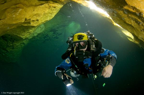 John Katernechuk comes over for a visit during his deco after a 265' cave dive into Eagle's Nest.